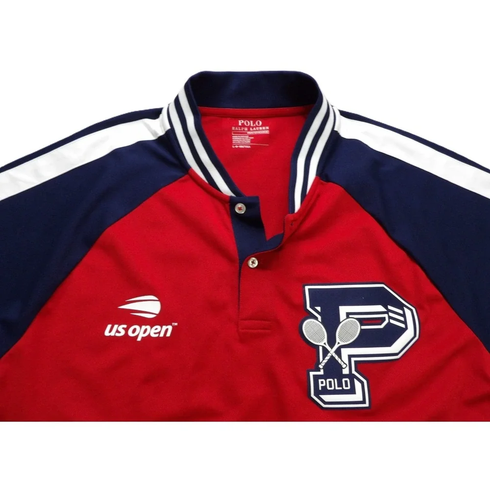 Polo Ralph Lauren US Open Tennis Shirt Men L Red Performance Big P Polo Logo EUC